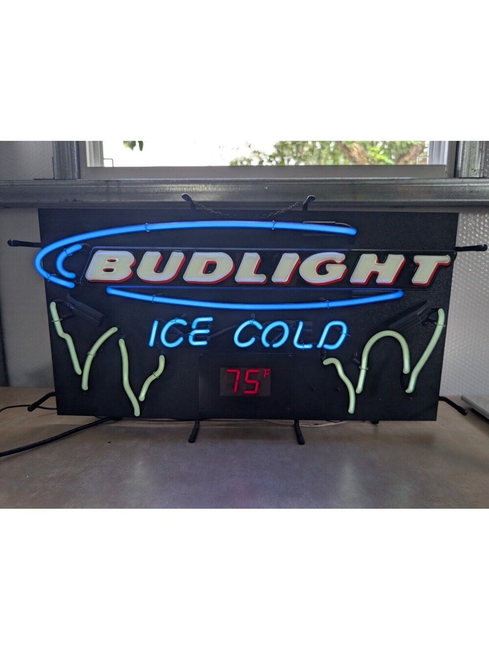 Rare 30" x 16" Bud Light Neon Bar Sign with Thermometer - Works - Nice Shape